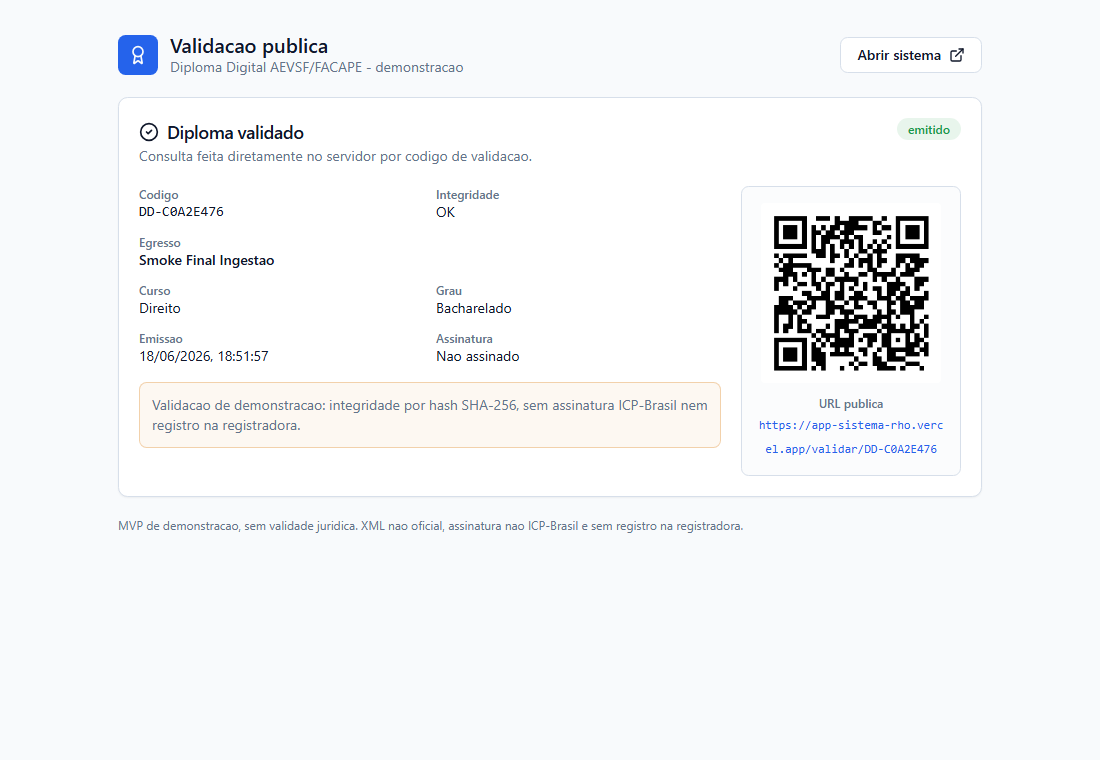 Prévia real da página pública de validação do diploma digital